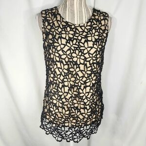 Neiman Marcus Lela Rose Tan wBlack Open Lace Front Silk Sleeveless Top Sz Small